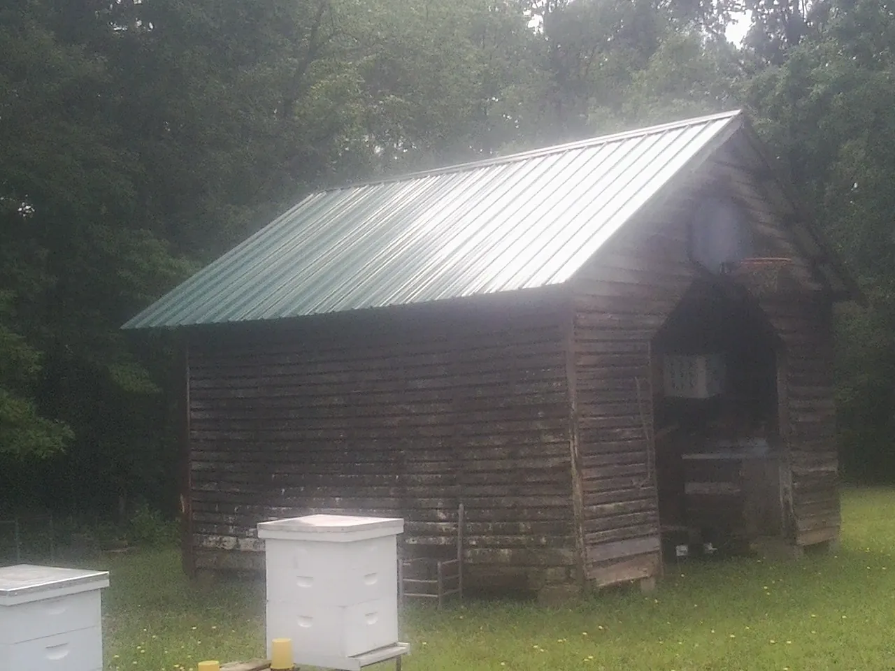 Green metal roof on a weathered barn beside stacked beehives in Encino